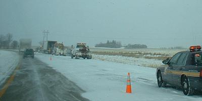 One semi-trailer on the I-94 shoulder ....
