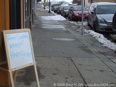 Merry Christmas / Whoops!! Happy Easter Sign, downtown Sauk Centre, Minnesota