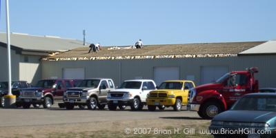 Roof repairs after the storm, in Sauk Centre, Minnesota