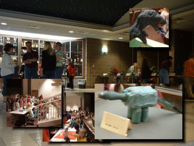Dinosaur exhibits by the dozen: Sauk Centre School auditorium lobby.